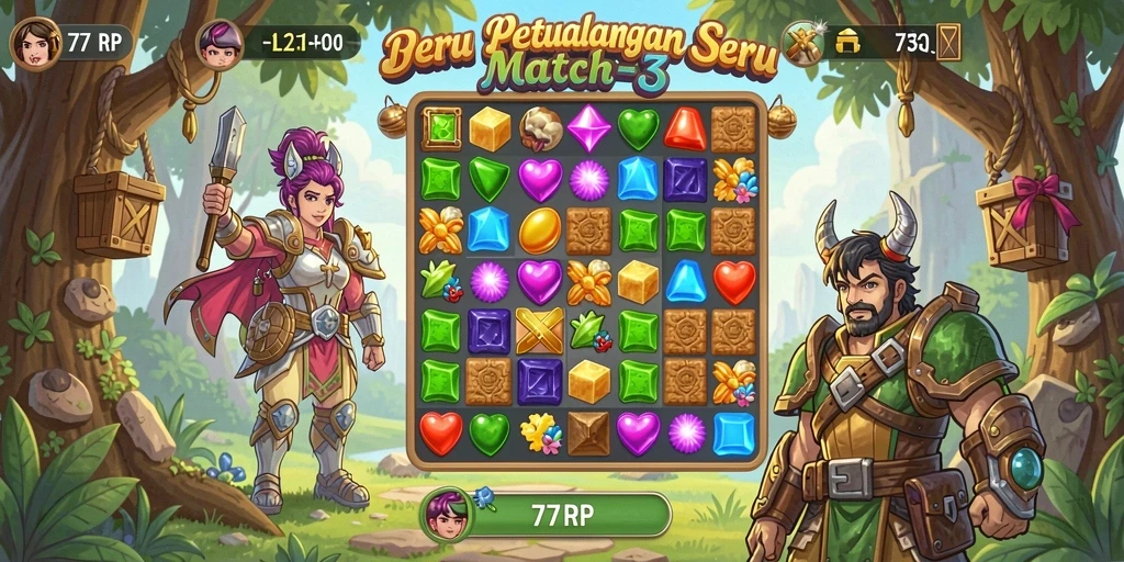 Screenshot 77RP menunjukkan gameplay Match-3 yang menarik.