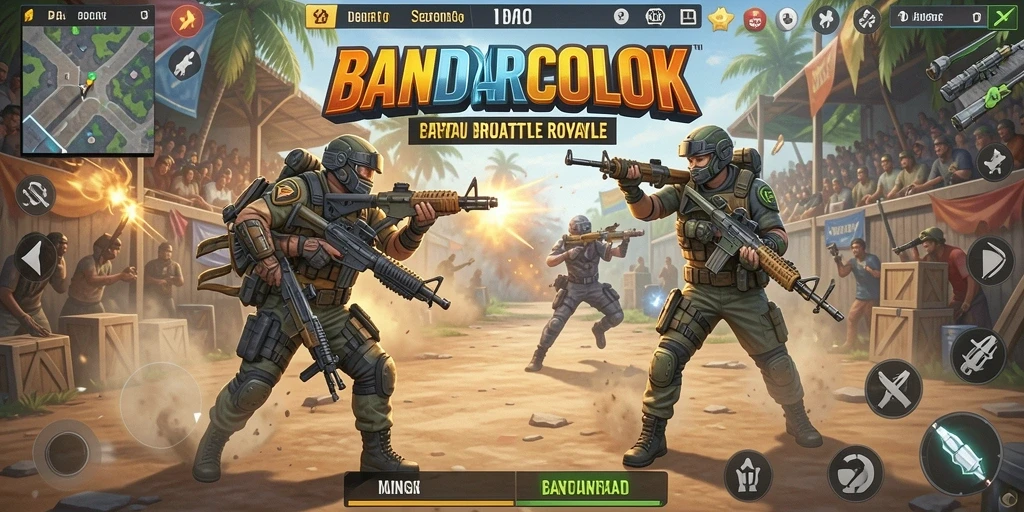 Tampilan screenshot BANDARCOLOK menampilkan aksi seru dalam pertempuran Battle Royale.