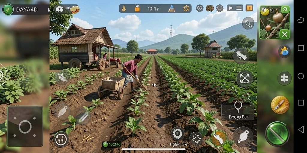 Screenshot gameplay DAYA4D menunjukkan aktivitas bertani yang seru dan interaktif.