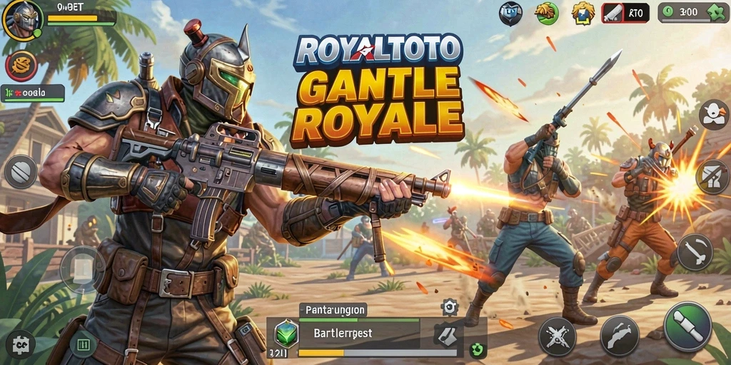 Screenshot utama ROYALTOTO menampilkan aksi pertempuran sengit dalam gameplay Battle Royale.